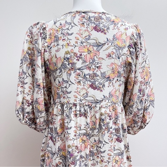 Ava James Multi Color Floral Print Puff Sleeve Linen Blend Mini Dress Medium - Picture 5 of 8